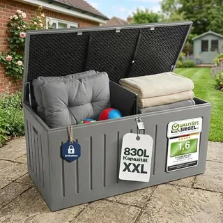 Abschließbare XXL 830L Aufbewahrungsbox mit Deckel Groß – Wetterfeste Gartenbox & Sitzbank mit Gasdruckfeder – Wasserdicht Auflagenbox & Kissenbox – Gartentruhe Anthrazit Holzoptik - Grau
