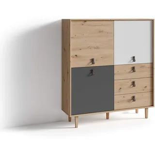 byLIVING Highboard BILL / Wohnzimmerschrank Artisan Eiche Optik hellbraun / Schrank mit 3 Tür und 3 Schubkästen / Sideboard mit Fronten in weiß und grau / Schlaufen-Griffe / B 120, H 135, T 36,5 cm