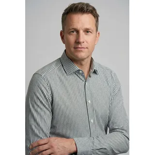 Langarmhemd OLYMP "Level Five", Herren, Gr. 44, N-Gr, graugrün, Web, Obermaterial: 64% Baumwolle, 27% Polyester, 9% Elasthan, gestreift, normal, 2-Knopf-Manschette, Hemden Langarmhemd, Businesshemd, body fit, Modern Kentkragen, Climate Control