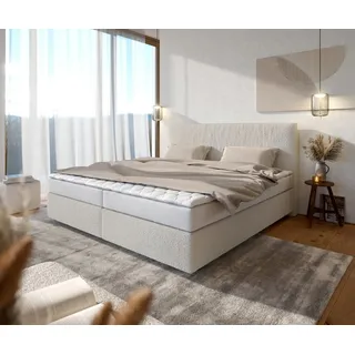 DeLife Boxspringbett Dream-Well Bouclé Creme-Weiß 200x200 cm Bonell-Matratze PU-Topper