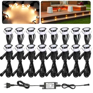 16er Set Warmweiß Bodeneinbaustrahler Aussen LED, Ø31mm DC12V Mini Spots Deck Light Terrassenbeleuchtung, IP67 Wasserdicht Einbauleuchten für Garten Treppen Holzdeck