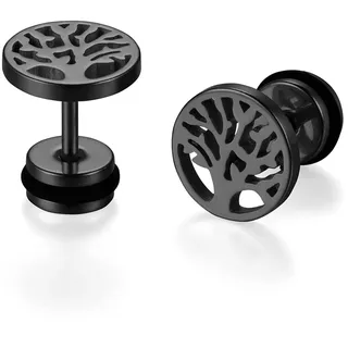 Cupimatch Damen Herren Ohrringe Edelstahl Holz Lebensbaum Creolen Ohrstecker Set für Frauen Männer, Schwarz