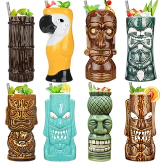 Tiki-Tassen Set,8-teiliges Cocktailgläser-Set Bunte Keramik-Cocktailbecher Kreative Hawaii-Party-Becher-Dekoration für exotische Partys,Bar-Trinkgeschirr,Cocktail-Trinkbecher