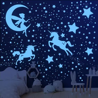 585 Stück Leuchtsterne Kinderzimmer Wandtattoo Einhorn Leuchtsterne Selbstklebend Wandsticker Wandtattoo Kinderzimmer Mädchen Fluoreszierend Aufkleber Einhorn Wanddeko für Kinderzimmer Schlafzimmer