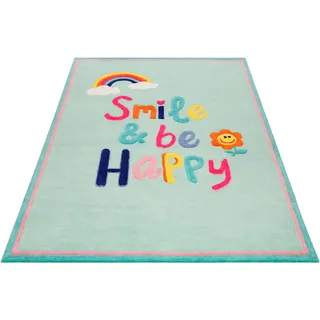 Kinderteppich SMART KIDS "Happy me" Gr. 3, blau, B:120cm H:9mm L:170cm, Kunstfaser, Teppiche, Kinderteppich, Regenbogen Blume, Konturenschnitt