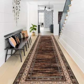IMIYOKU Modern Braun Läufer Teppich für Flur Waschbarer Läufer Teppich Flur 80x300cm Bettvorleger Küchen Wohnzimmer Schlafzimmer Teppiche rutschfest Kurzflor Weich Flurläufer Teppichläufer