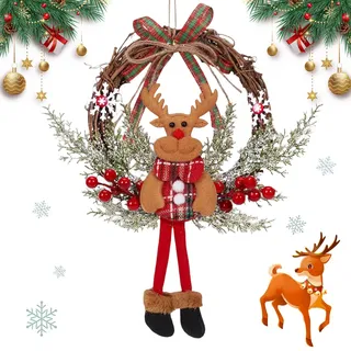 Ruichi Weihnachten Deko Türkranz, 35cm Weihnachtskranz Elch Rentier, Weihnachtskranz Elch Rattan Kranz, Weihnachten Weihnachtsdeko Dekorationen für Haustür, Außen, Fenster, Wand Hängende Deko