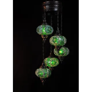 Türkische Hängelampe grün mit 5 Mosaik-Kugeln – orientalische Lampe für stimmungsvolle Beleuchtung - Grün
