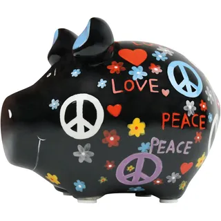 KCG Sparschwein Peace Love Keramik Spardose mit Gummiverschluss kleines Schwein mit Herzen, Blumen, Peace Zeichen 12,5 x 9 x 9 cm