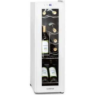 Klarstein Weinkühlschrank, 1 Zonen Getränkekühlschrank Klein, Freistehender Kleiner Weinschrank, 32L Wein-Kühlschrank mit Glastür, Indoor/Outdoor Flaschenkühlschrank, Wine Fridge 12 Flaschen - Silber