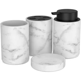 Badezimmer Set 4 TLG Weiß mit schwarz – Badezimmer Organizer mit Seifenspender Set, Zahnputzbecher, Seifenschale – Badaccessoires modern – Badezimmer Deko & Bad Zubehör bonVIVO