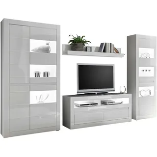 Furn.Design Wohnwand Hochglanz weiß, Stone Design grau 4-teilig, Anbauwand mit Soft-Close , Weiß, Weiß Hochglanz, Grau , Holzwerkstoff , Nachbildung , Uni , 7 Fächer , 2 Schubladen , 336x198x42 cm , Wohnzimmer, Wohnwände