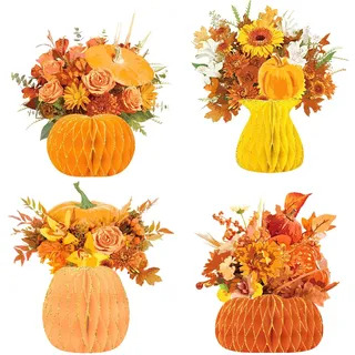 NICROHOME EUR Herbstdeko, 4 Stück Wabenpapier Vasen mit Kunstblumen Kürbis, Braun Orange Herbst Tischdeko für Herbstdekoration Thanksgiving Halloween Haus Küche
