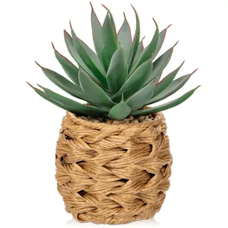 Hollyone Sukkulenten Pflanzen Künstliche Aloe Vera Pflanze, Faux Sukkulenten im Geflochtenen Korb, Getopfte Fake Aloe Pflanze für Home Office Badezimmer Tisch Schlafzimmer Regal Dekor 21cm