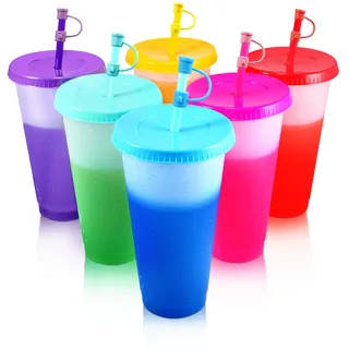 6 Stück Plastikbecher Trinkbecher Becher mit Deckel & Strohhalm Abdeckung - 710ml Mehrweg Tasse Farbwechselbecher Kaffeebecher to go Becher für Eiskaffee Kaltes Trinken Smoothie (mit Stroh Abdeckung)