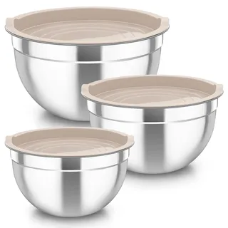 TEAMFAR Rührschüssel 3er Set, Edelstahl Schüssel Salatschüssel mit Luftdicht Deckel, 4,5L/2,5 L/1,5L Schüsselset, Stapelbar & Spülmaschinenfest, Khaki