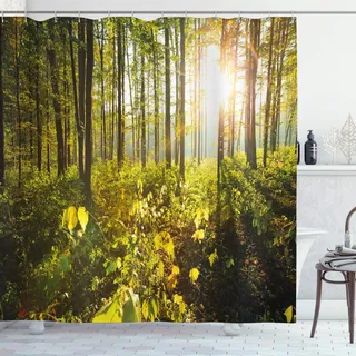 ABAKUHAUS Wald Duschvorhang, Sonnenstrahlen Woods Laub, Stoffliches Gewebe Badezimmerdekorationsset mit Haken, 175 x 180 cm, Braun Grün Gelb