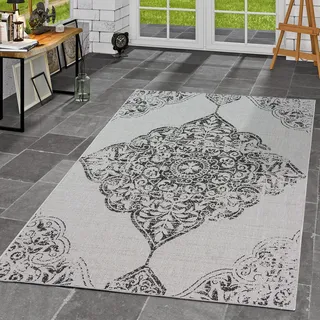 TT Home Innen & Außenteppich Flachflor Teppich Vintage Optik Style Barockdesign In Grau Größe 80x200 cm - Grau
