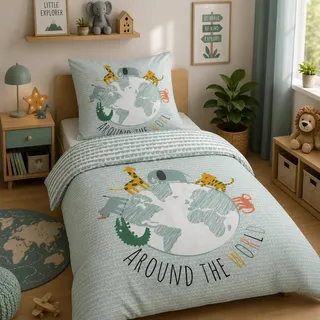 Familando – Around the World Bettwäsche-Set (2-teilig) – Decken- & Kissenbezug 135x200 cm & 80x80 cm mit Reißverschluss – 100% Baumwolle – Giraffe & Elefant – Hautfreundlich & atmungsaktiv - Öko-TEX