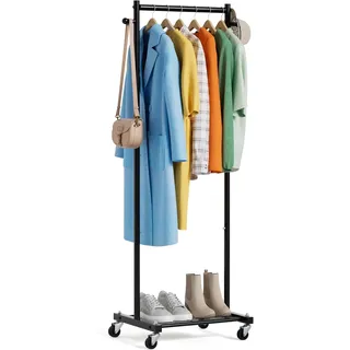 MISSLO Kleine Kleiderstange auf Rollen, Schmal Kleiderständer mit Ablagen, 152 cm Metall Garderobenstange, Tragbarer, Freistehender Roll Kleider ständer für Kleine Räume, Schwarz