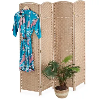 Relaxdays Paravent, 4-teilig, Raumtrenner faltbar, HxB 170x160 cm, Sichtschutz innen, Holz, Papierseil, Trennwand, natur