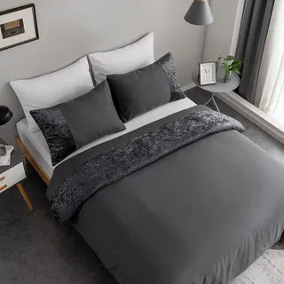 Famanu Bettwäsche 135 x 200 cm dunkelgrau Patchwork Samt & Mikrofaser - modern umkehrbar