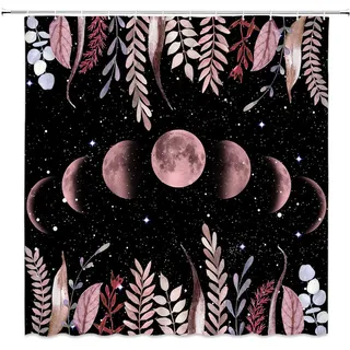 ZWSMZW Mondphasen-Duschvorhang, Mondlicht, Garten, Boho, Blumen, Sternennacht, Weltraum, himmlische Ranken, Rahmen, Blätter, Pflanzen, magische Mondzyklen, Schwarz und Rosa, Badezimmer-Dekor,