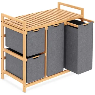 iEGrow Wäschekorb 4 Fächer 150L, Wäschesammler 4 Fächer, Bambus Wäschewagen mit Ablage für Schmutzwäsche, Push-Pull Wäschesack aus Oxford-Gewebe, 2 x 50 L, 2 x 25L Grau Wäschebox