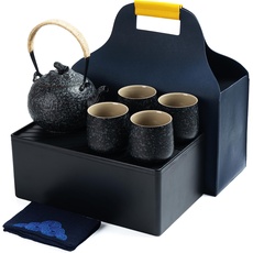 TEANAGOO Teekanne Portable Japanese Tea Set, Charcoal Grey Travel Porcelain Tea Set, 1 Teekanne (700ml/25oz) + 4 Teetassen (205ml/7.2oz), U2, Tea Tray Storage Case, Tee Set Teekanne und Tasse