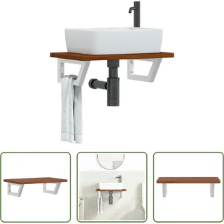 The Living Store Waschtischplatte mit Halterung Stahl und Massivholz Eiche - Braun