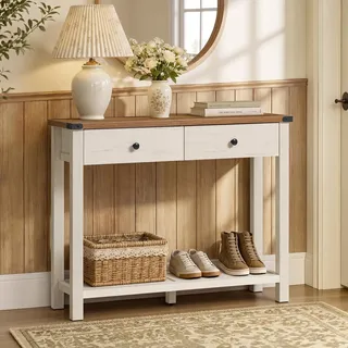 VASAGLE Konsolentisch Schmal, Flurtisch aus Holz, Beistelltisch mit Schubladen, 24 x 100 x 76 cm, Weiß und Braun, für Flur und Wohnzimmer, Modern Farmhouse, LIRY Kollektion LNT141W101