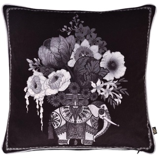 Laurence Llewelyn-Bowen - Schwarz-weißes Samtkissen – 43 x 43 cm – gefülltes Kissen mit indischem Elefantendruck – schwarzes Samt-Sofakissen