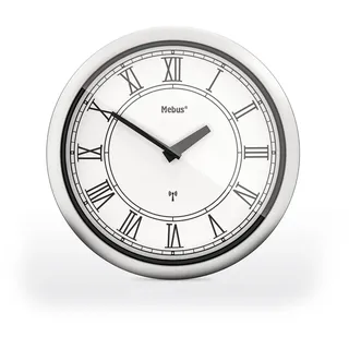 Mebus Funk-Wanduhr, 26 cm, lautlos, römische Ziffern, silberner Rahmen, weißes Zifferblatt, Modell 19811 - Klassisch und geräuschlos, Weiß