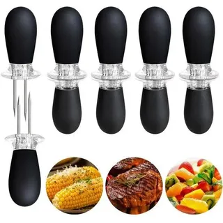 Unyqoos® 10er-Set Maiskolbenhalter aus Edelstahl & Kunststoff, hitzebeständige rutschfeste Griffe, wiederverwendbar, 10 cm, ideal für Grill & Camping - Schwarz