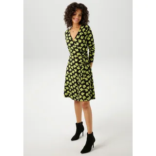 Wickelkleid ANISTON CASUAL, Damen, Gr. 38, N-Gr, grün (schwarz, gelb, grün, fleider), Single Jersey, Obermaterial: 95% Viskose, 5% Elasthan, bedruckt, geblümt, figurbetont kniefrei, V-Ausschnitt, Kleider Wickelkleid, mit kunstvollen Blüten bedruckt