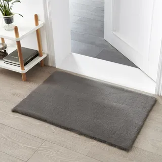 Teppich Wölkchen Fellteppich Kunstfell Teppich Waschbar, Hasenfell Imitat, Kaninchenfell, Kurzfell - Flauschiger Teppich Wohnzimmer, Bettvorleger Schlafzimmer - Dunkelgrau - 60x90cm