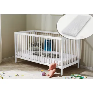 Kids Collective Babybett Kinderbett Gitterbett höhenverstellbar , herausnehmbare Sprossen Buchenholz sehr stabil, mit Matratze, 60x120 cm - Weiß