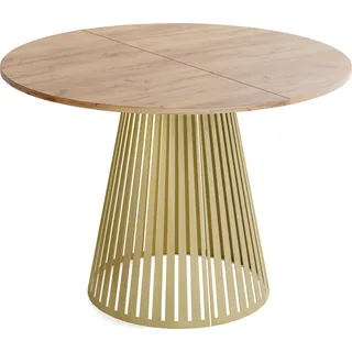 Esstisch Rund Ausziehbar mit Lamellen im Loft-Stil – 100 bis 180 cm – Industrieller Tisch mit Goldenen Metallbeinen, Platzsparend für Wohnzimmer oder Esszimmer – Braun - Hellbraun