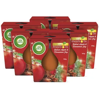 Air Wick Wohlfühl-Duftkerze im Glas – Duft: Baked Apple & Cinnamon Joy – Je bis zu 20 Stunden Brenndauer – Enthält natürliche ätherische Öle – 6 x 105 g Duftkerzenset