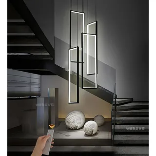 WERSVG LED Schwarz Pendelleuchte Treppenhaus Lang Geometrie Hängeleuchte Dimmbar mit Fernbedienung Modern Treppen Pendellampe Höhenverstellbar, für Villa Foyer Treppenhaus Wohnzimmer 4 Flammig,140W