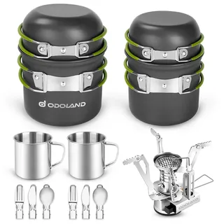Odoland Camping Geschirr Set 16 PCS für 2 Personen Outdoor Kochgeschirr aus Aluminium und Edelstahl Camping Töpfe Becher Faltbare Besteck Mini Campingkocher für Outdoor Geschirr Picknick Wandern