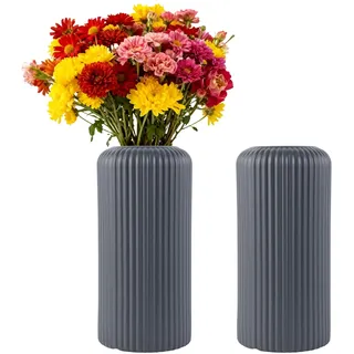 Fyfjur Vase Kunststoff, 2 Stück Blumenvase Grau, Vasen Modern Gestreift Langlebig für Wohnzimmer, Büro, Hochzeitsdekoration (20 X 10cm)