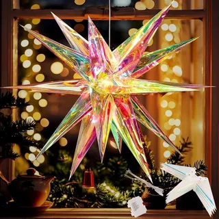 EASY JOY 60cm Weihnachtsstern Beleuchtet Faltstern mit 18 Spitzen Schillernder 3D-Stern Leuchtstern Outdoor Led Stern Fensterdeko Weihnachten Beleuchtet für Innen Außen Innenhof Balkon Und Garten