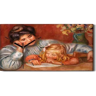 Küchenuhr Bürouhr Leinwand Uhr 60x30 Malerei Frauen Kind Blumen Vase Kunst - schwarze Hände - Braun