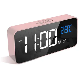 LATEC Digitaler Wecker mit Große LED Temperaturanzeige, Tischuhr mit 10 Musik, USB Ladeanschluss, 4 Helligkeit und Lautstärke Regelbar, Snooze, tragbarer Spiegelalarm mit 2 Alarmen, 12/24HR