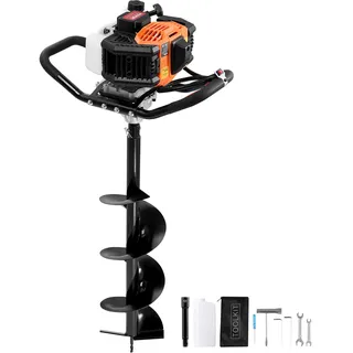 Vevor Erdbohrer mit Benzinmotor, 52 CC, 1450 W, Benzinbohrer mit 8-Zoll-Bohrkronen und 1 Verlängerungsstange, Lochbohrer für Pfostenzäune für Ackerland, Gartenpflanzen, Orange+Schwarz