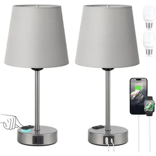Kakanuo Nachttischlampe Touch Dimmbar 2er Set, Tischlampe mit Ladefunktion USB A+C-Anschlüssen Steckdosen 2 LED Birnen, Graue Lampenschirm, Kleine Lampe für Schlafzimmer Wohnzimmer Babyzimmer Büro