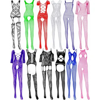 SATINIOR 12 Stück Damen Fischnetz Dessous Mesh Babydoll Bodysuit Spitze Kittel Dessous für Frauen, Mehrfarbig