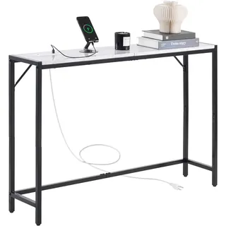 VEVOR Konsolentisch aus Marmor, moderner langer Flurtisch (110 cm) mit Steckdose, dünner Sofa-Beistelltisch mit Eisenrohren, Kippschutz & dreieckiger Stütze für Wohnzimmer Flur Eingangsbereich