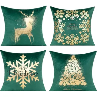 All Smiles Dunkelgrün Gold Weihnachtsdekoration Wurfkissenbezug 45,7 x 45,7 cm 4 Stück Winter Xmas Indoor Home Decor Ornamente Samt Navidad Kissen für Bett Sofa Couch Weihnachtsbaum Rentier